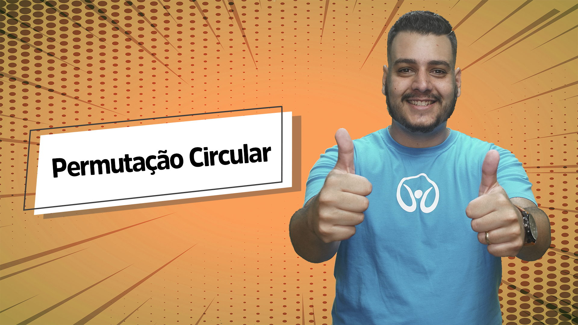 "Permutação Circular" escrito sobre fundo laranja ao lado da imagem do professor